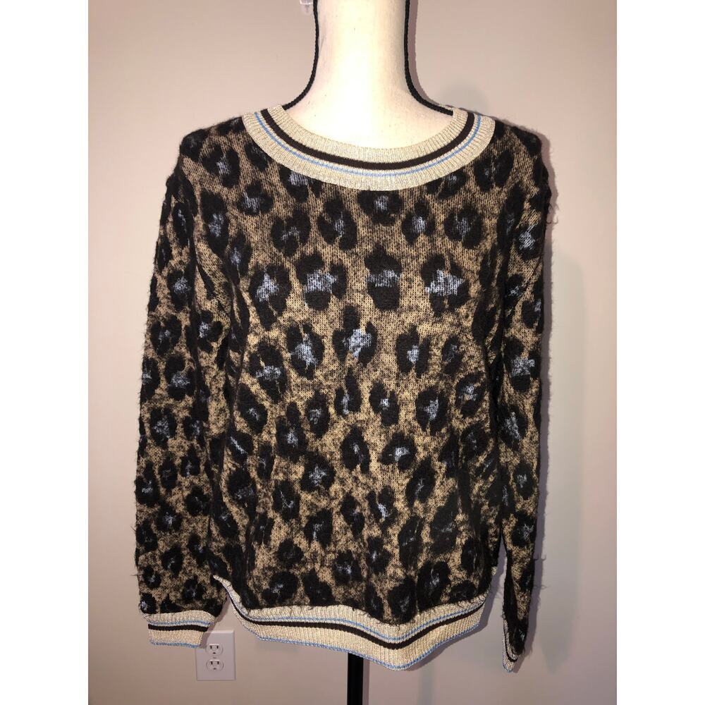 Leopard Print Sweater Size 12 Alpaca Blend Metallic Brown Blue Mob Wife Classic